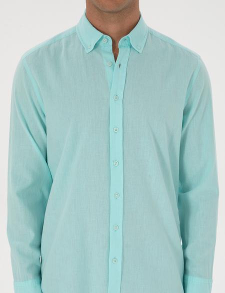 Nil Yeşili Keten Karışımlı Regular Fit Uzun Kollu Gömlek - 50303388037