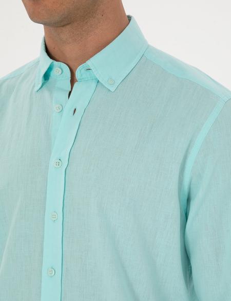 Nil Yeşili Keten Karışımlı Regular Fit Uzun Kollu Gömlek - 50303388037