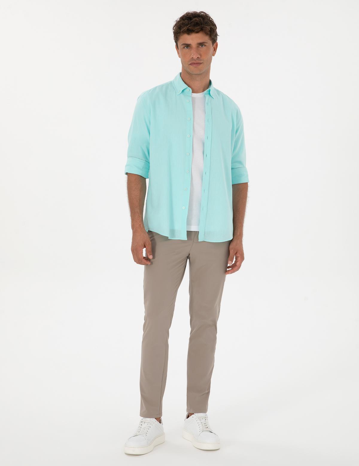 Nil Yeşili Keten Karışımlı Regular Fit Uzun Kollu Gömlek - 50303388037