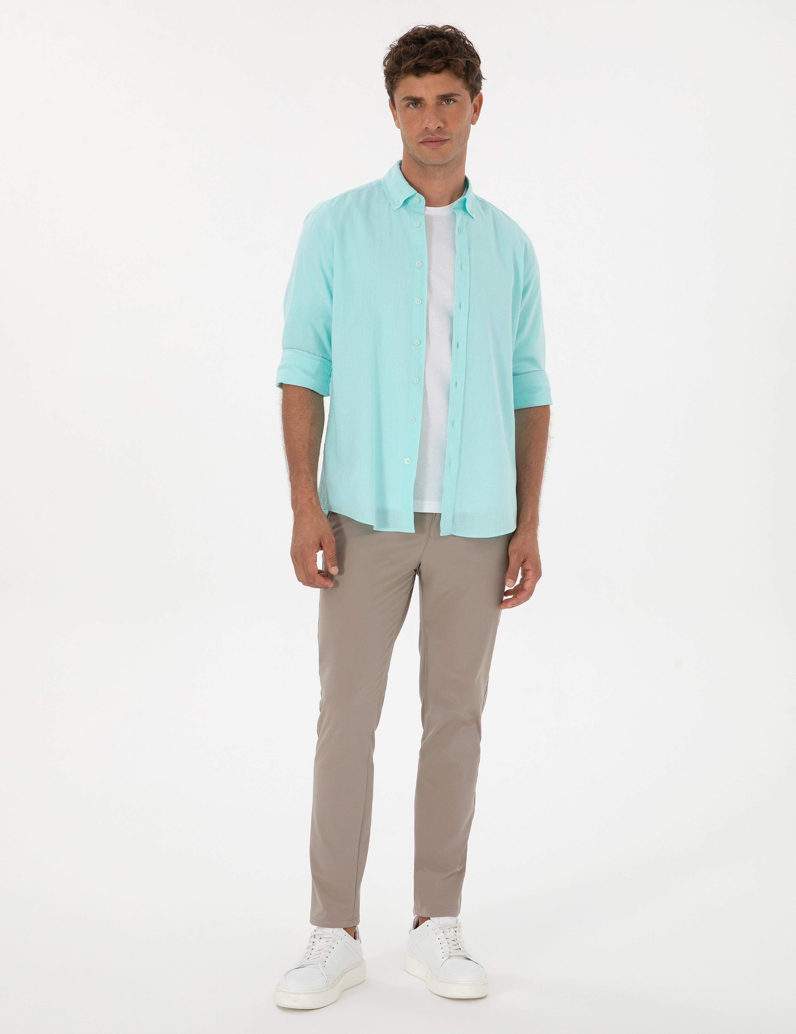 Nil Yeşili Keten Karışımlı Regular Fit Uzun Kollu Gömlek