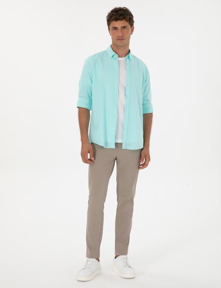 Nil Yeşili Keten Karışımlı Regular Fit Uzun Kollu Gömlek - 50303388037