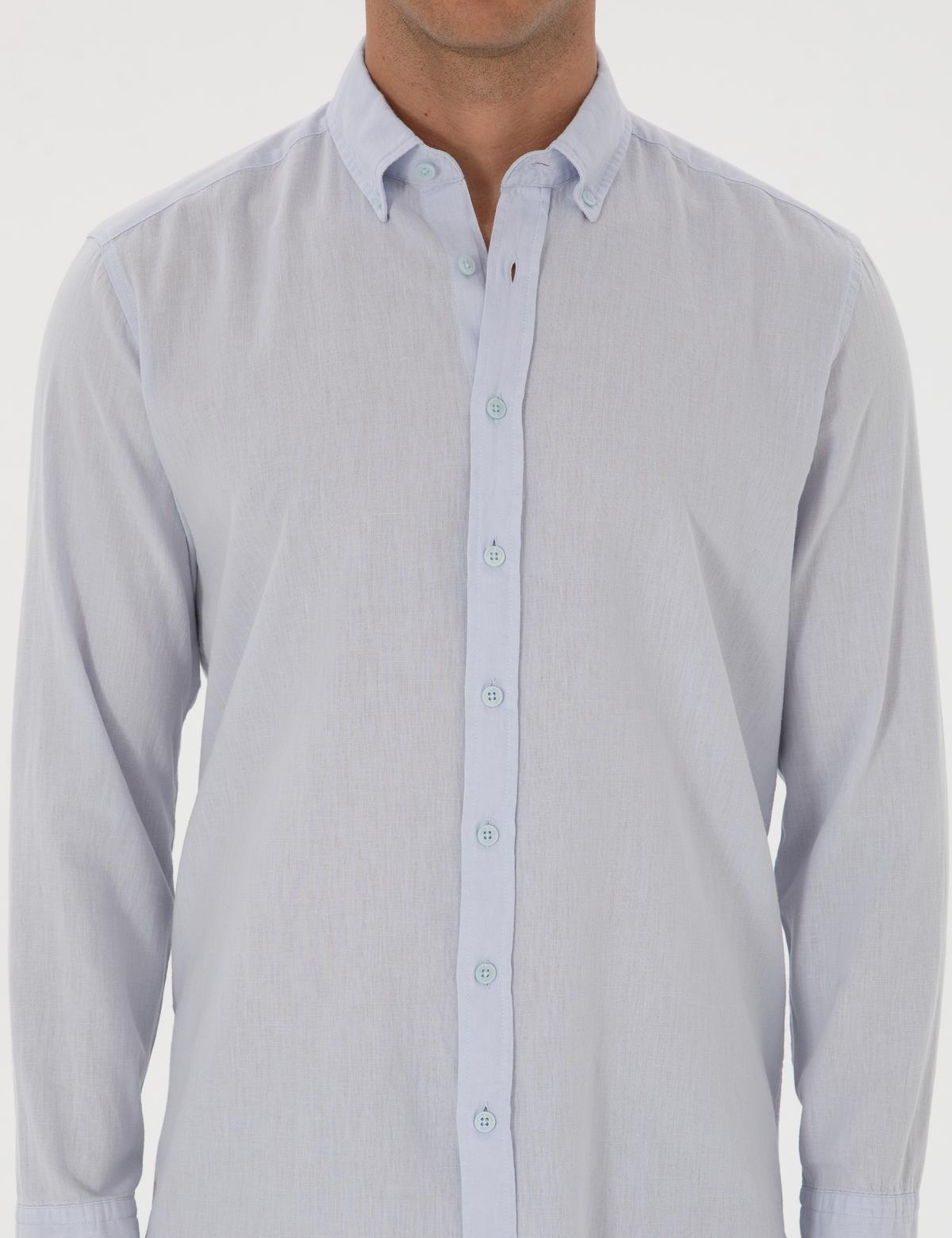 Açık Mavi Keten Karışımlı Regular Fit Uzun Kollu Gömlek - 50303388067