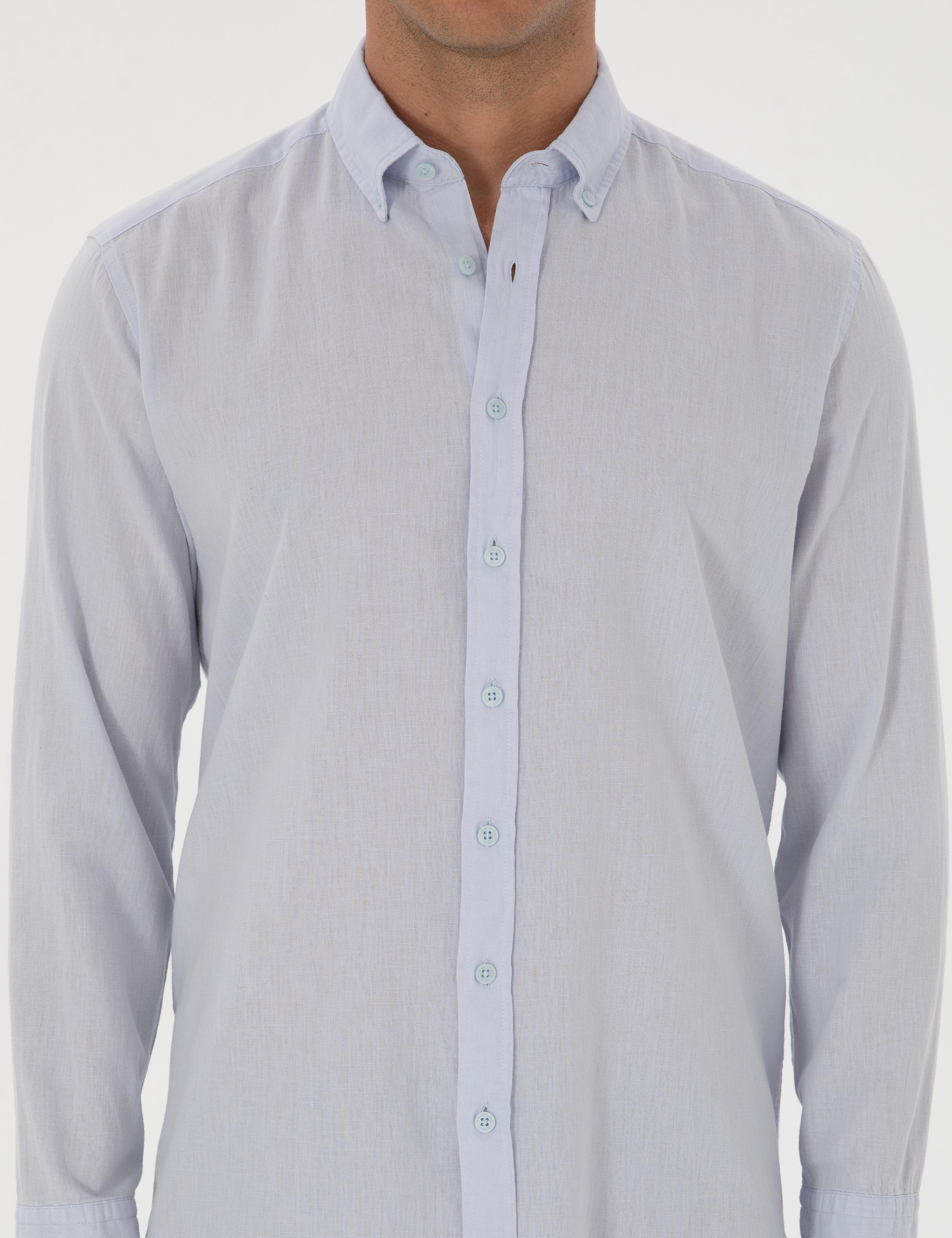 Açık Mavi Keten Karışımlı Regular Fit Uzun Kollu Gömlek