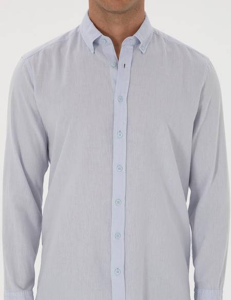 Açık Mavi Keten Karışımlı Regular Fit Uzun Kollu Gömlek - 50303388067