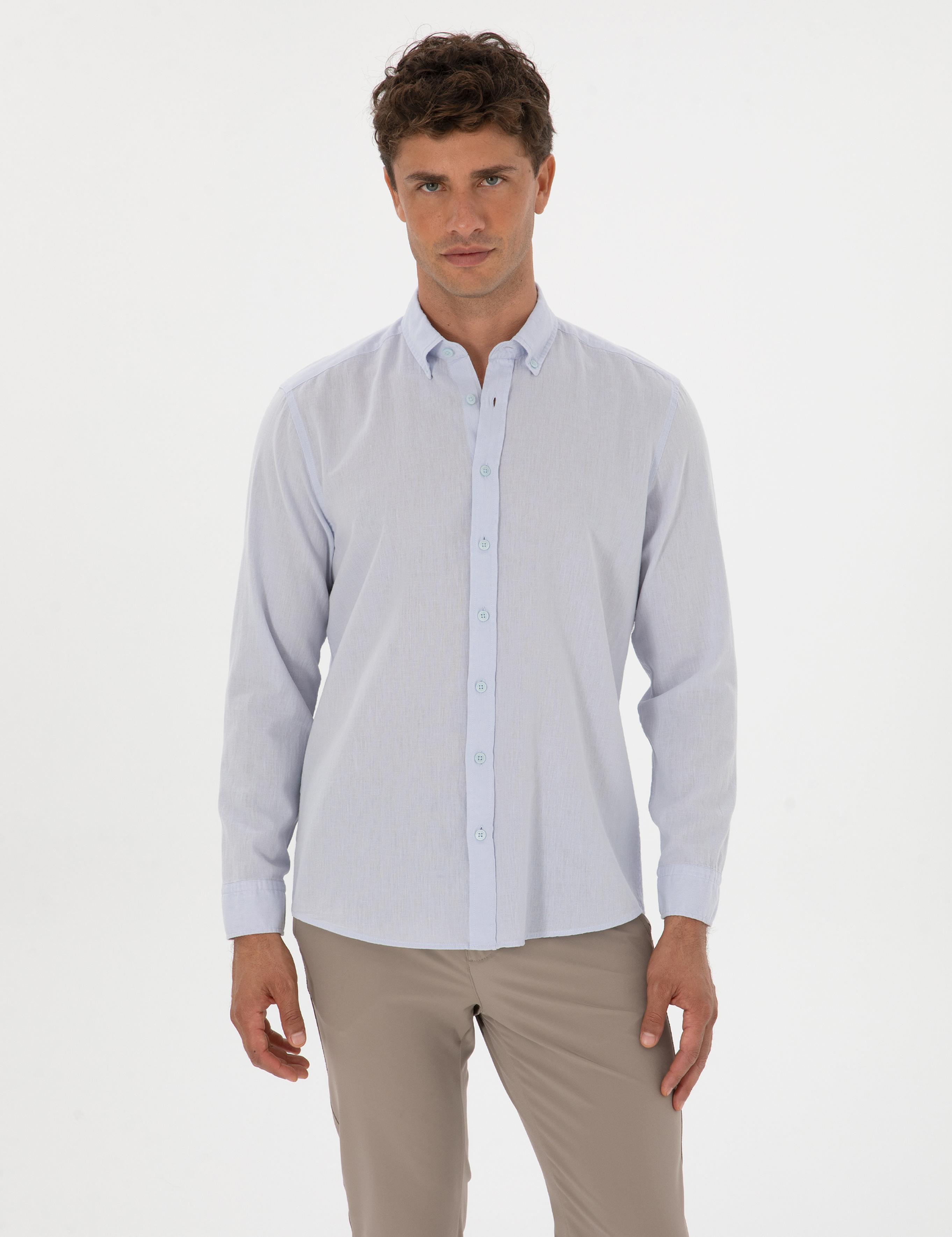 Açık Mavi Keten Karışımlı Regular Fit Uzun Kollu Gömlek