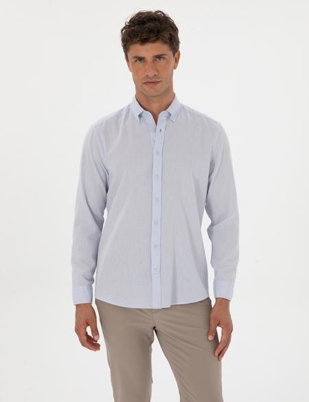 Açık Mavi Keten Karışımlı Regular Fit Uzun Kollu Gömlek - 50303388067