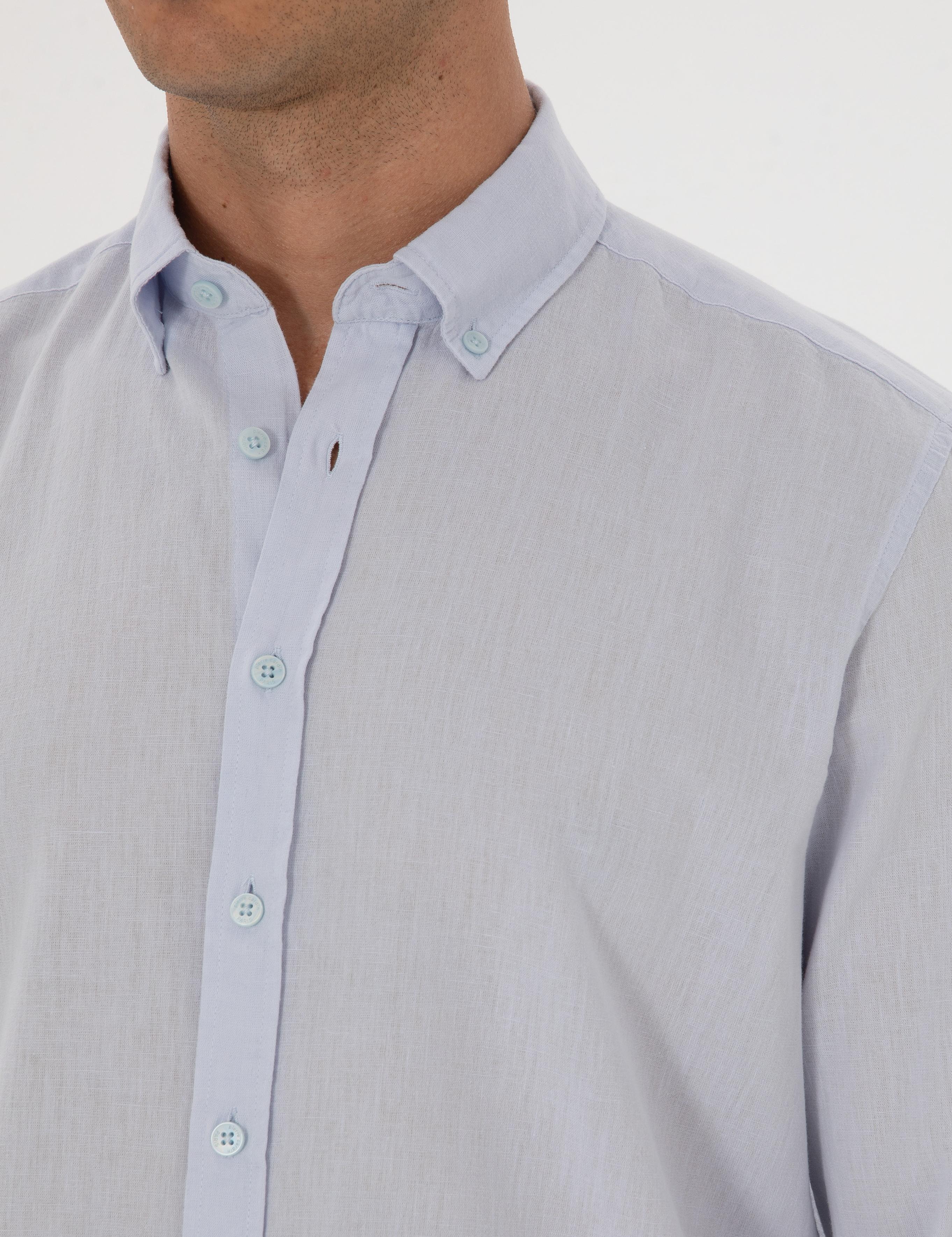 Açık Mavi Keten Karışımlı Regular Fit Uzun Kollu Gömlek