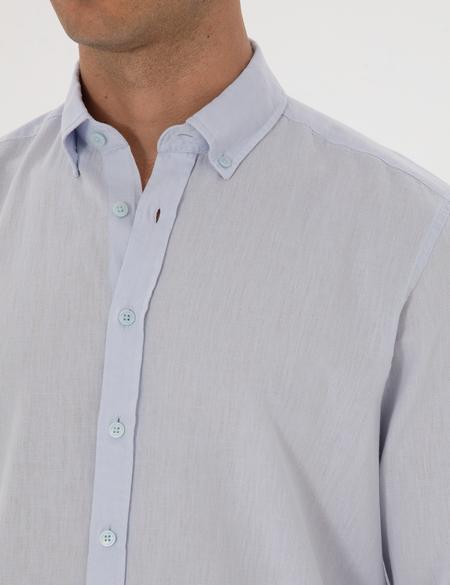 Açık Mavi Keten Karışımlı Regular Fit Uzun Kollu Gömlek - 50303388067