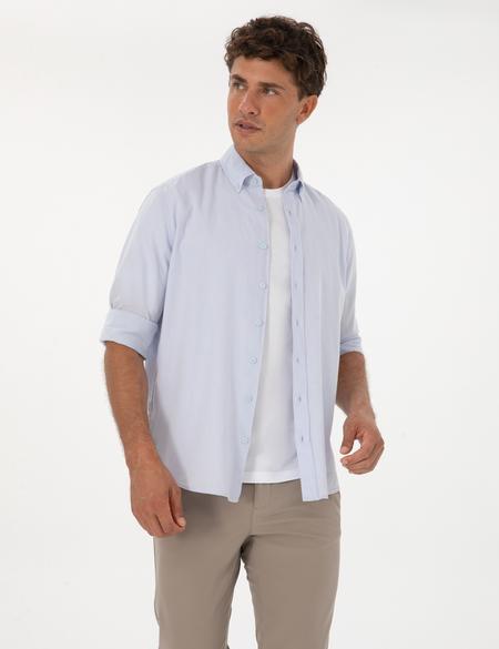 Açık Mavi Keten Karışımlı Regular Fit Uzun Kollu Gömlek - 50303388067