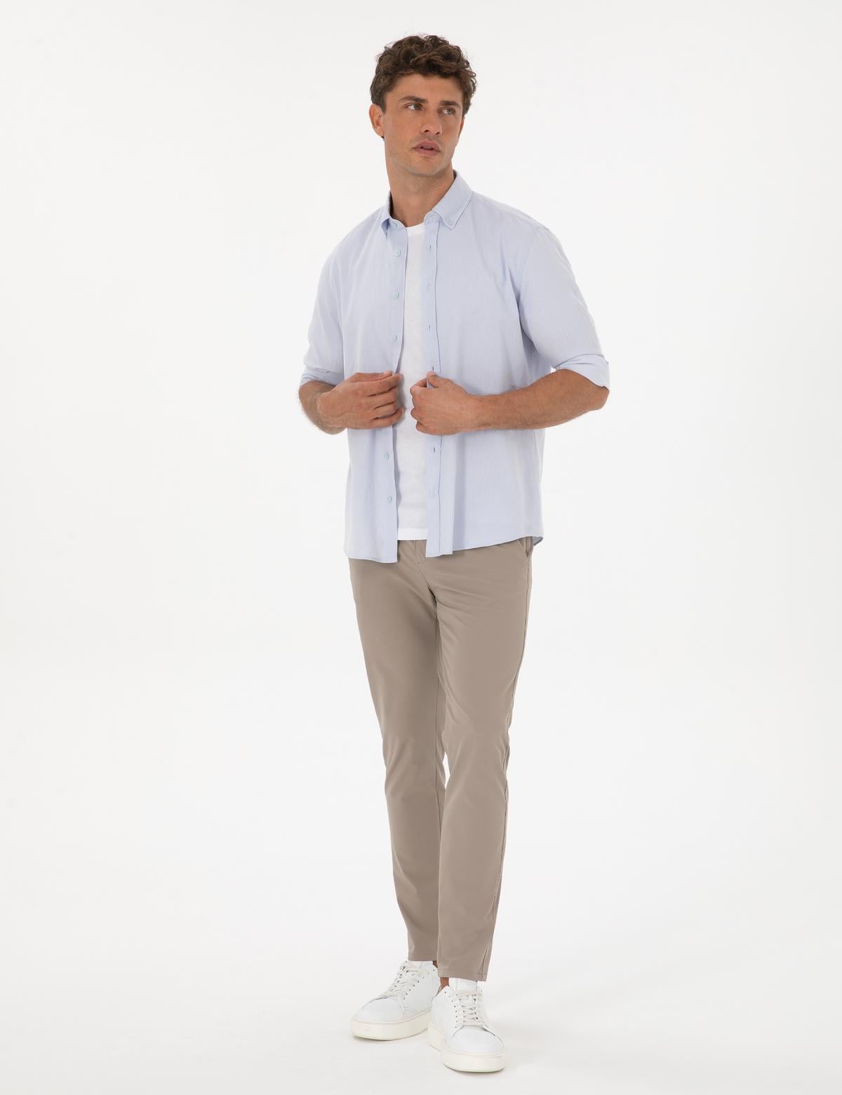 Açık Mavi Keten Karışımlı Regular Fit Uzun Kollu Gömlek - 50303388067