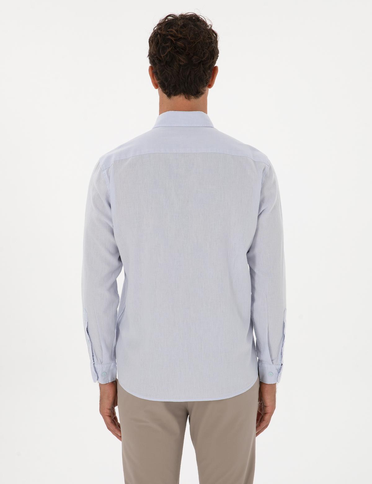 Açık Mavi Keten Karışımlı Regular Fit Uzun Kollu Gömlek - 50303388067