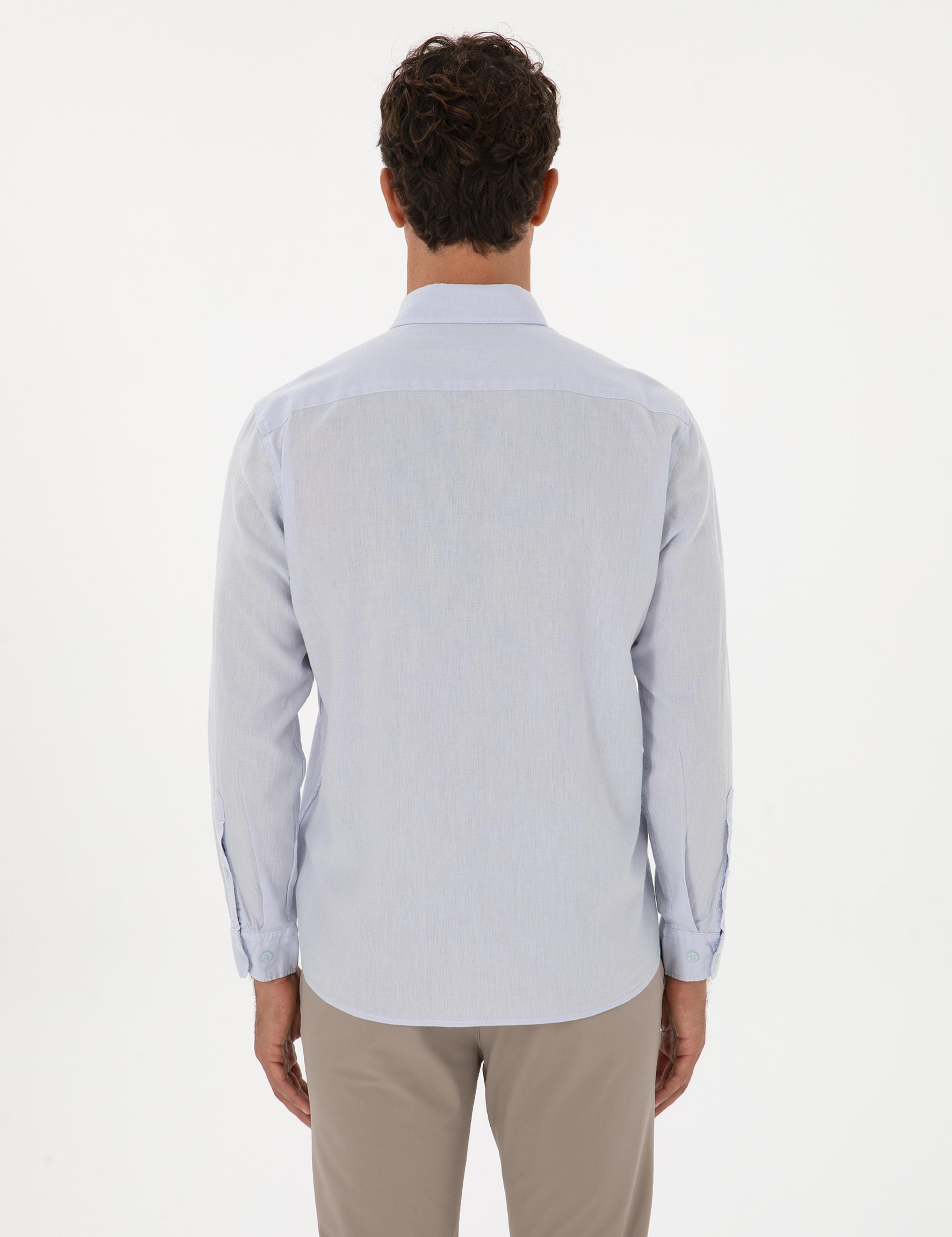 Açık Mavi Keten Karışımlı Regular Fit Uzun Kollu Gömlek