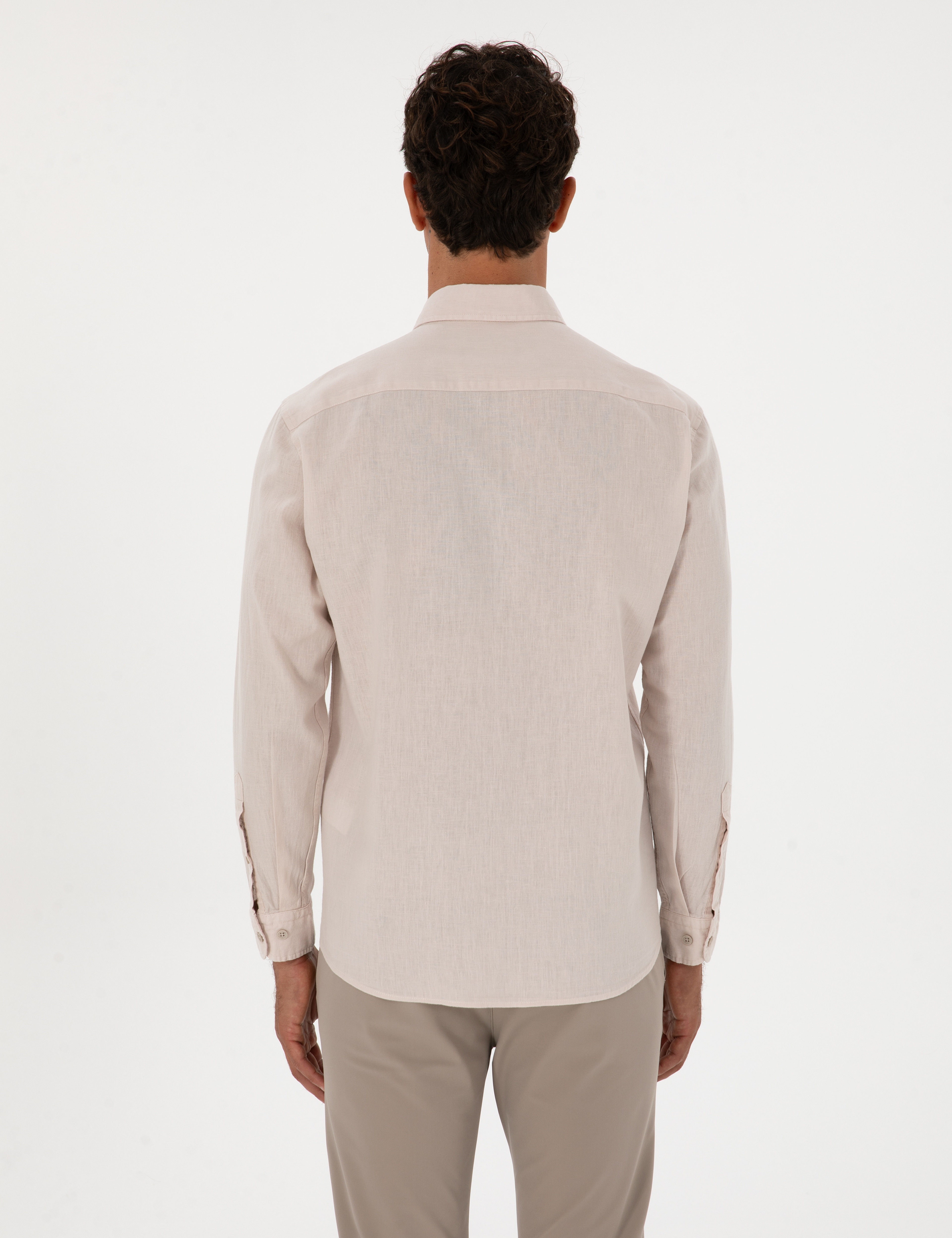Bej Keten Karışımlı Regular Fit Uzun Kollu Gömlek - Image 5