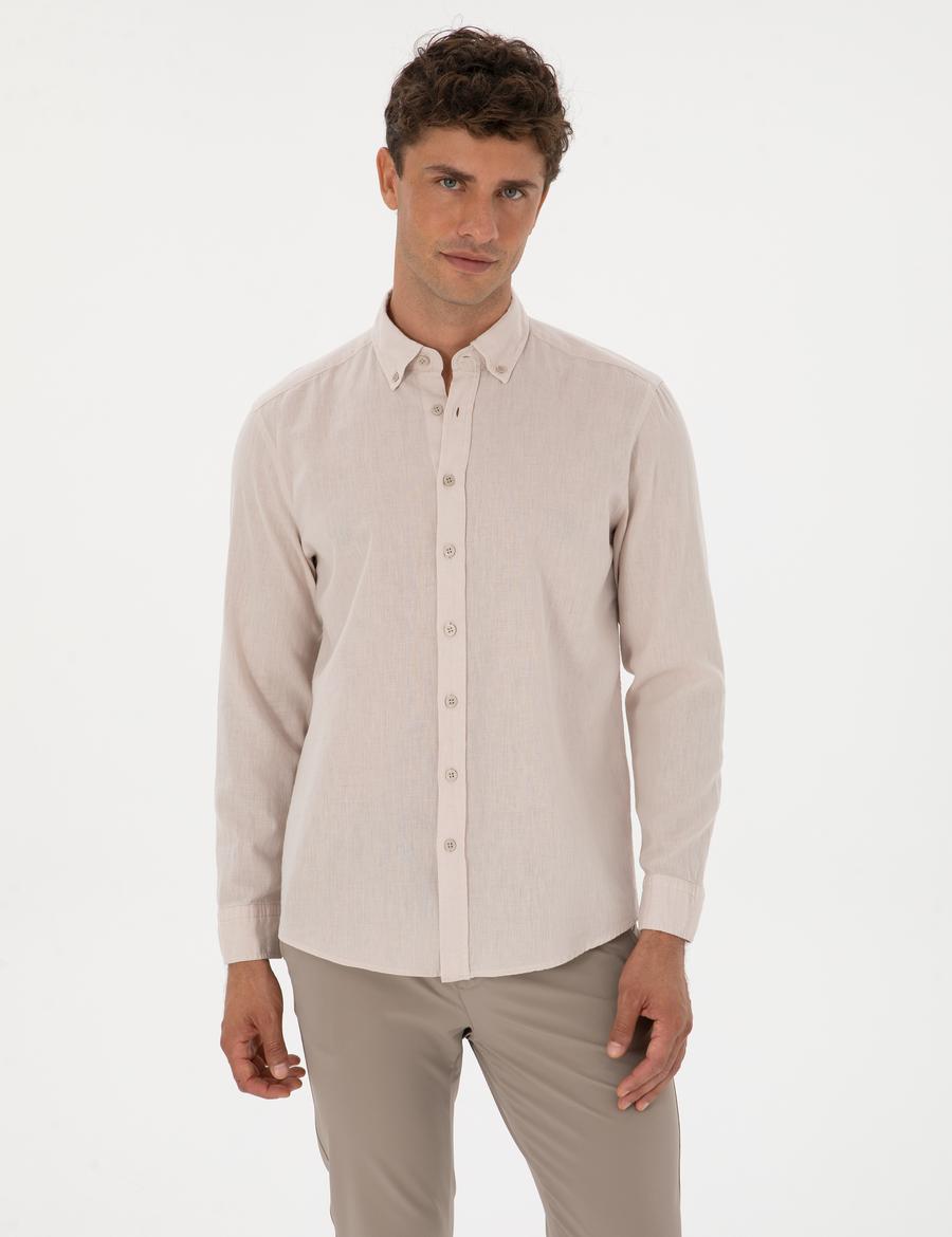 Bej Keten Karışımlı Regular Fit Uzun Kollu Gömlek