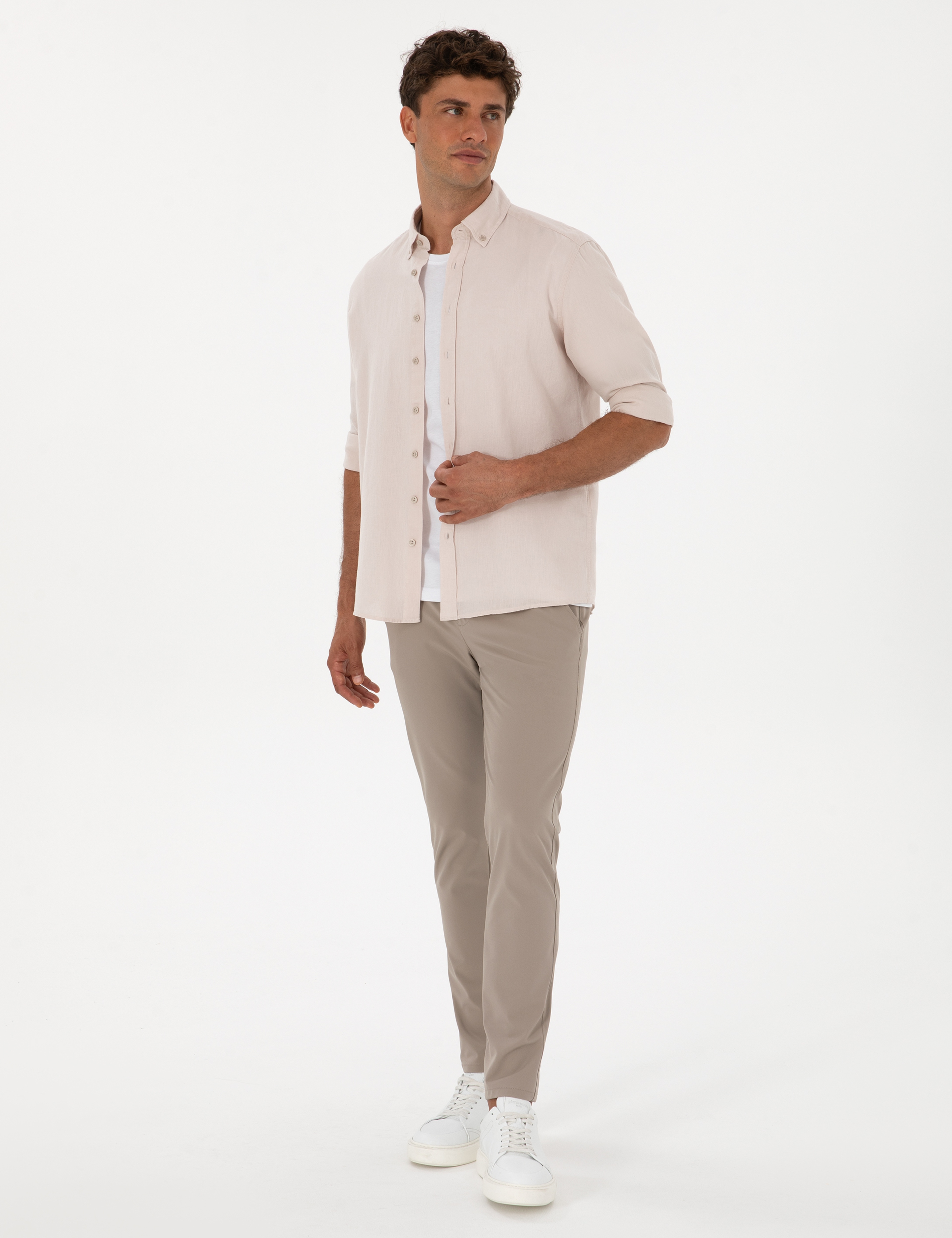 Bej Keten Karışımlı Regular Fit Uzun Kollu Gömlek - Image 4