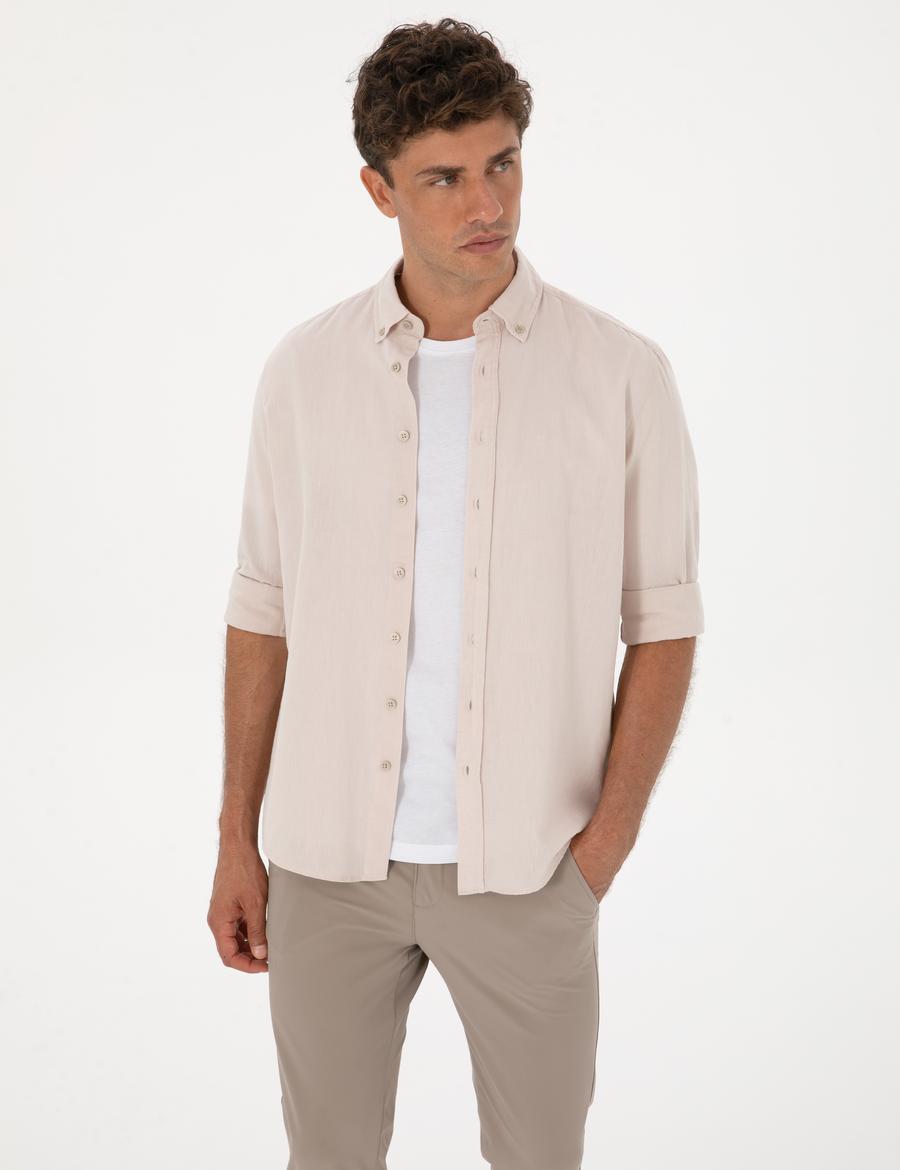 Bej Keten Karışımlı Regular Fit Uzun Kollu Gömlek