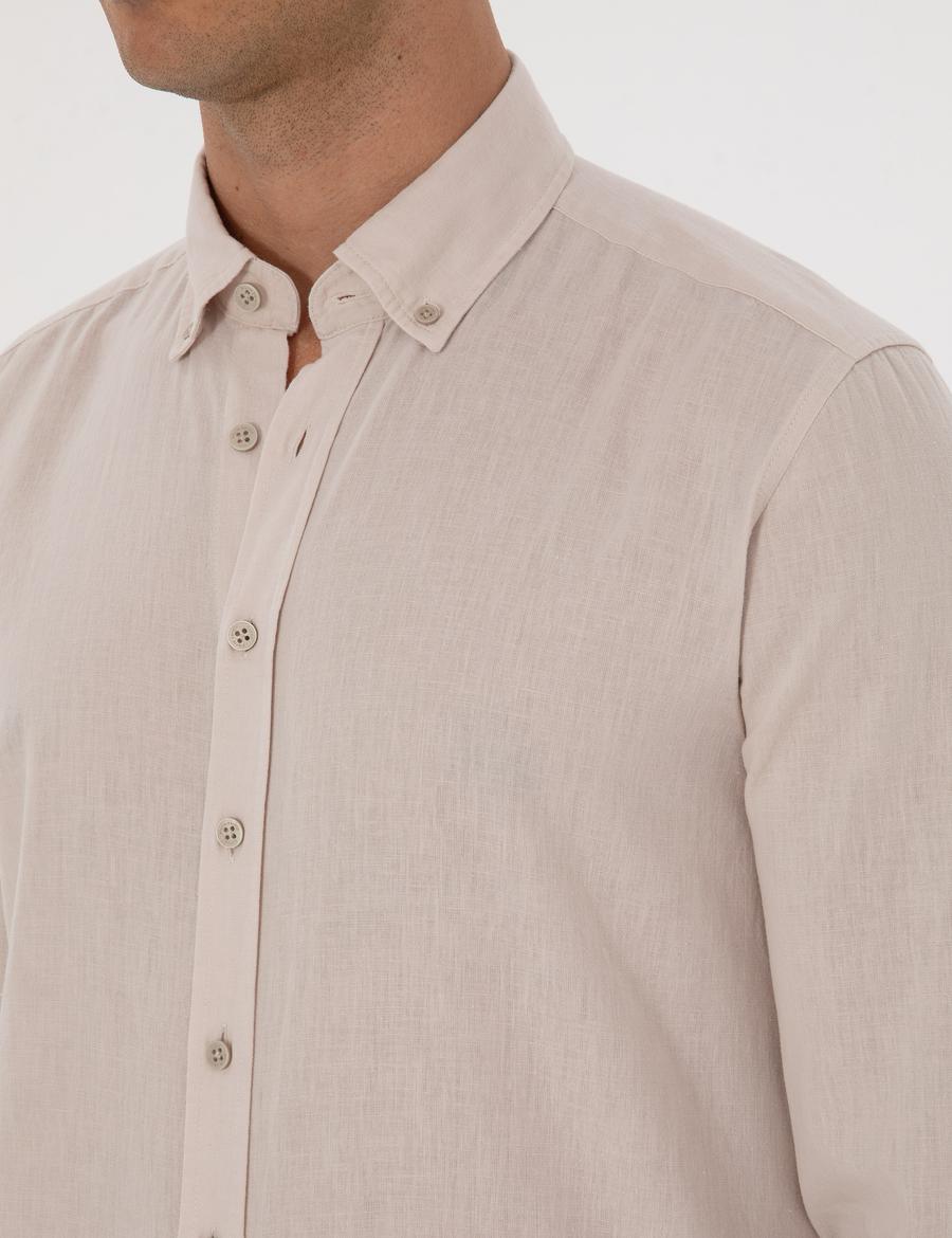 Bej Keten Karışımlı Regular Fit Uzun Kollu Gömlek