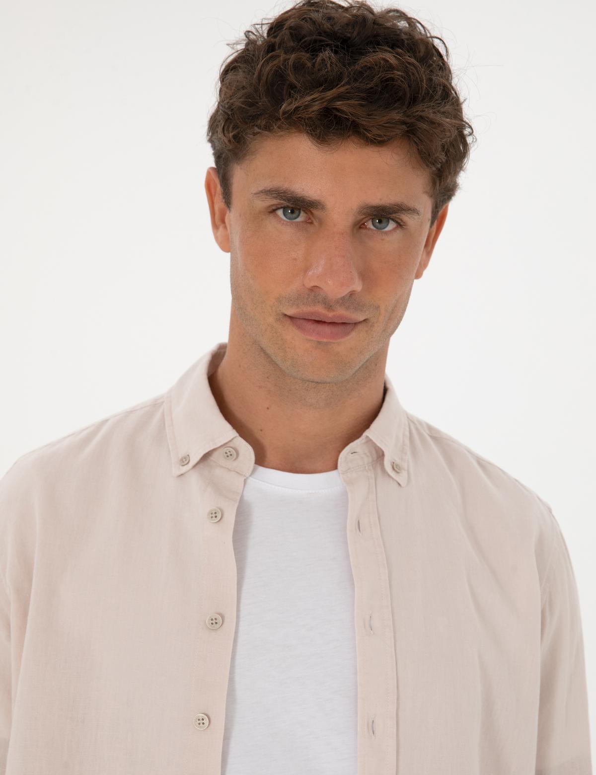 Bej Keten Karışımlı Regular Fit Uzun Kollu Gömlek - 50303388053