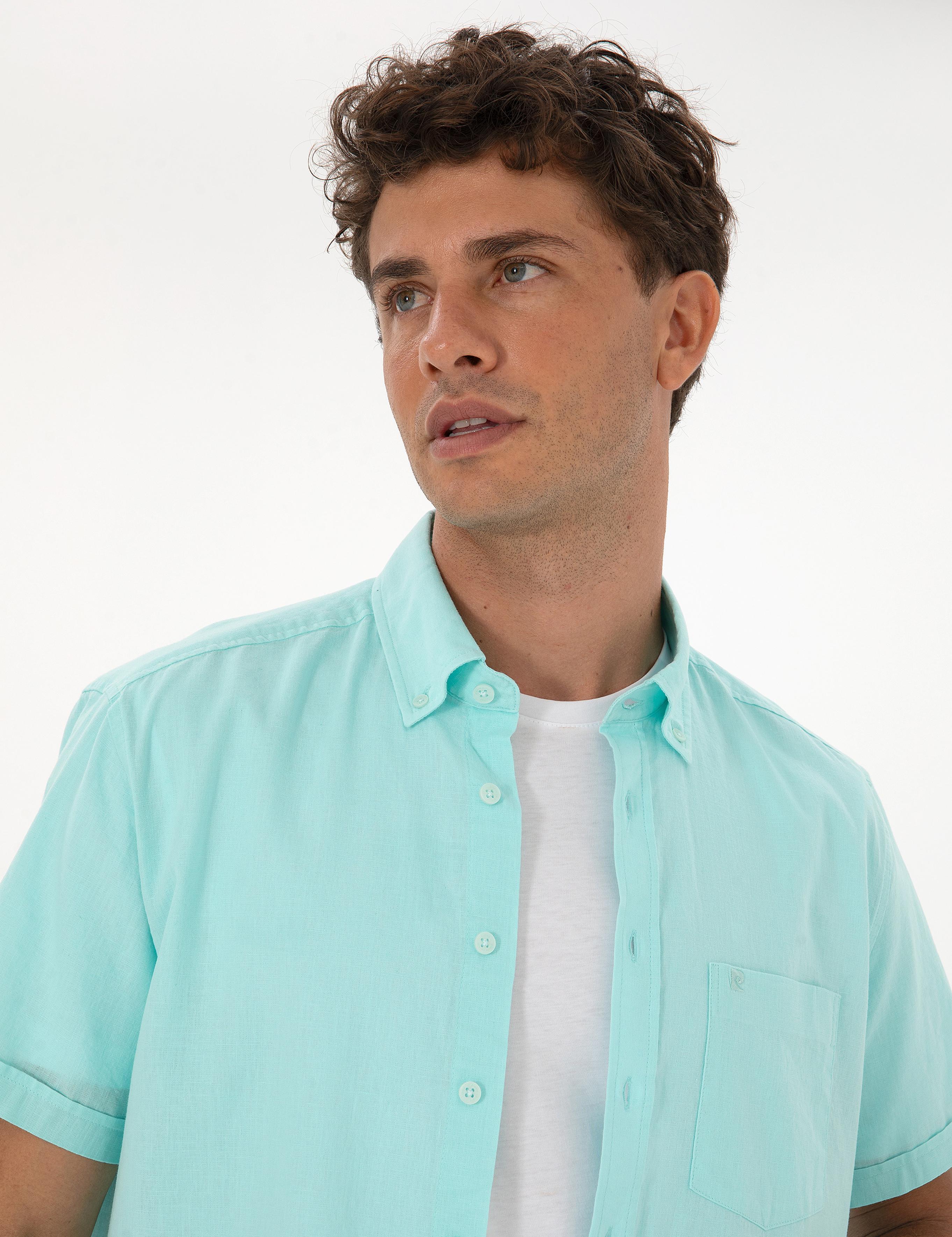 Su Yeşili Keten Karışımlı Regular Fit Kısa Kollu Gömlek