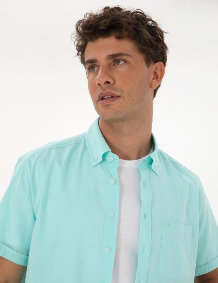 Su Yeşili Keten Karışımlı Regular Fit Kısa Kollu Gömlek - 50303418033