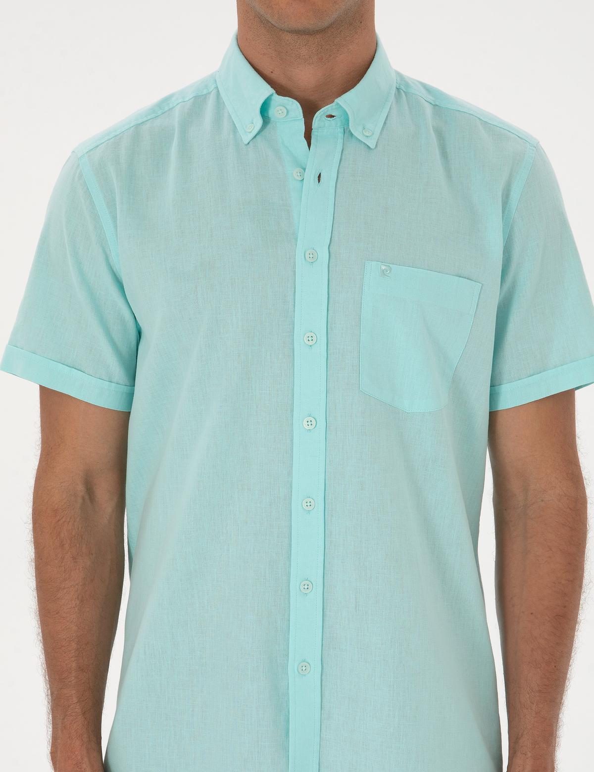 Su Yeşili Keten Karışımlı Regular Fit Kısa Kollu Gömlek - 50303418033