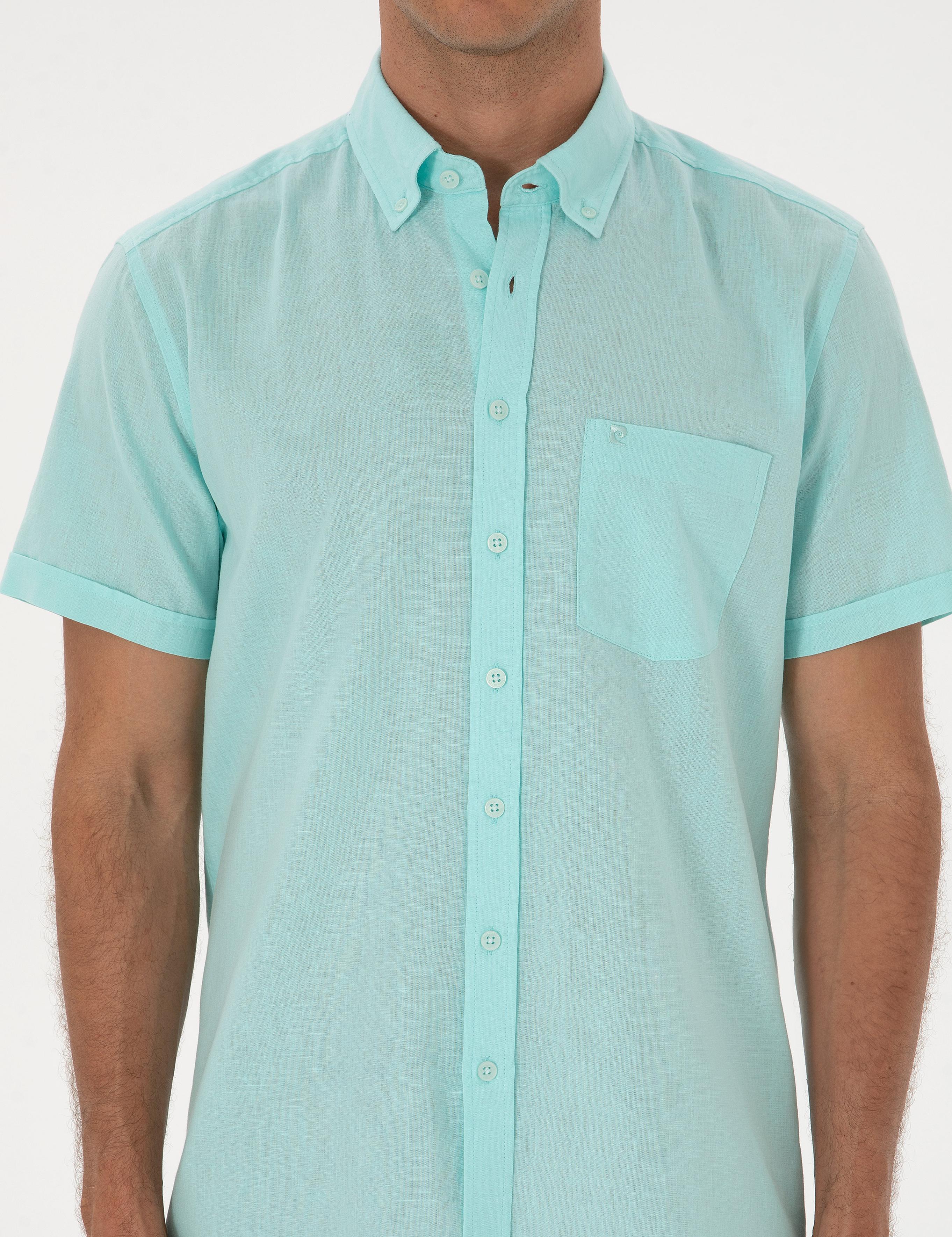 Su Yeşili Keten Karışımlı Regular Fit Kısa Kollu Gömlek