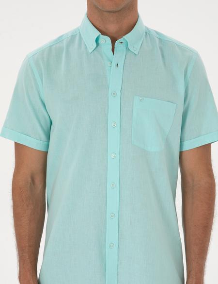 Su Yeşili Keten Karışımlı Regular Fit Kısa Kollu Gömlek - 50303418033