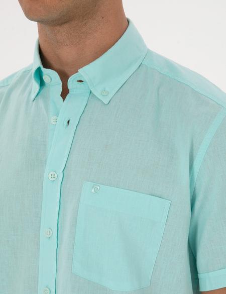 Su Yeşili Keten Karışımlı Regular Fit Kısa Kollu Gömlek - 50303418033