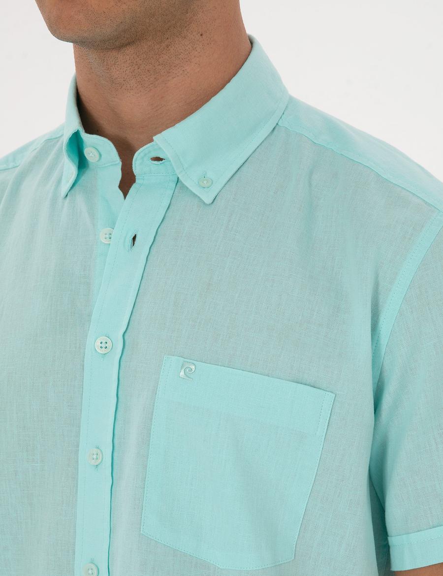 Su Yeşili Keten Karışımlı Regular Fit Kısa Kollu Gömlek