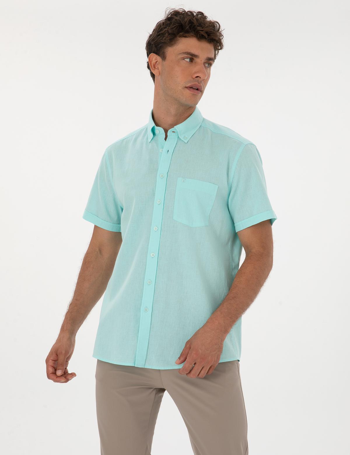 Su Yeşili Keten Karışımlı Regular Fit Kısa Kollu Gömlek