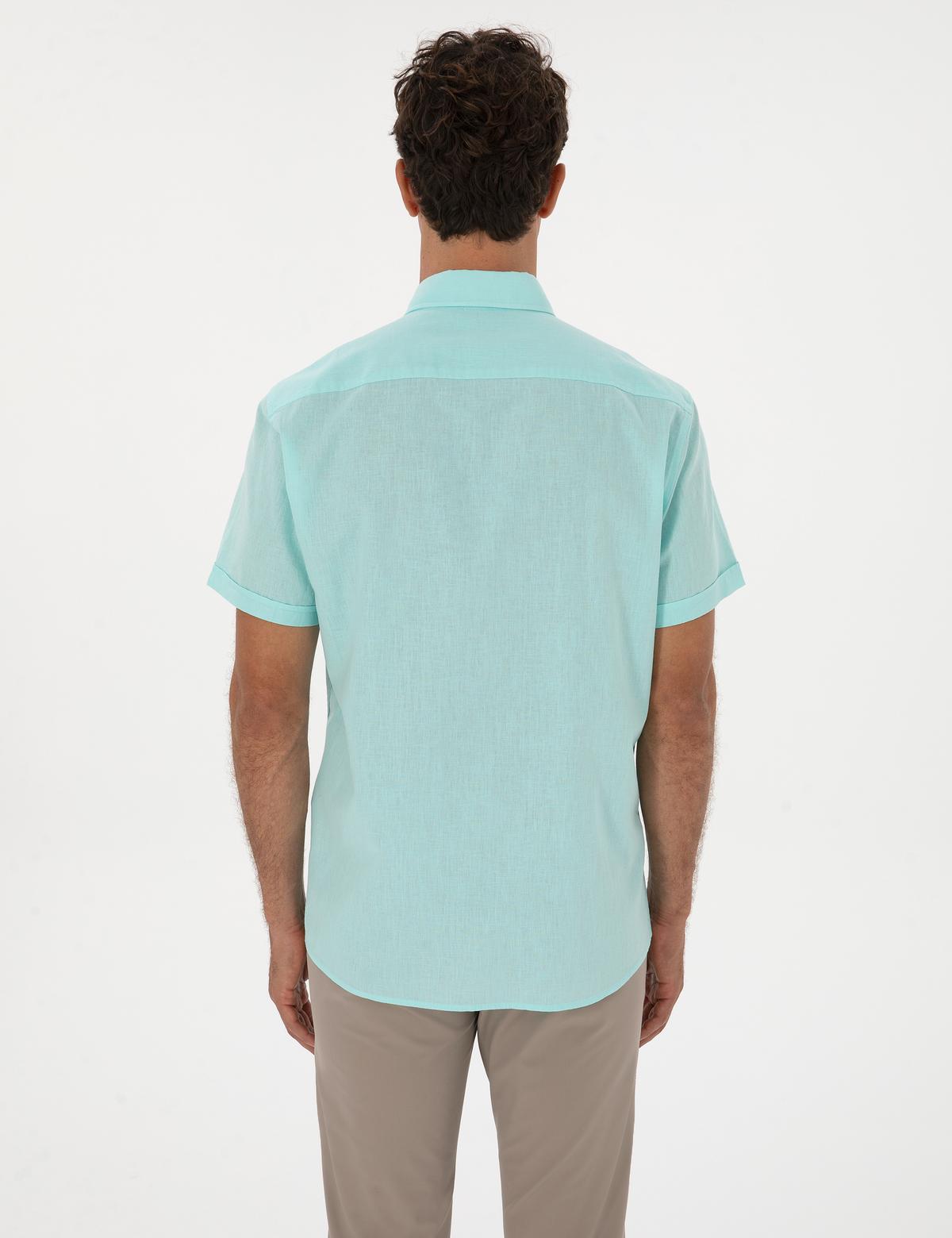 Su Yeşili Keten Karışımlı Regular Fit Kısa Kollu Gömlek - 50303418033