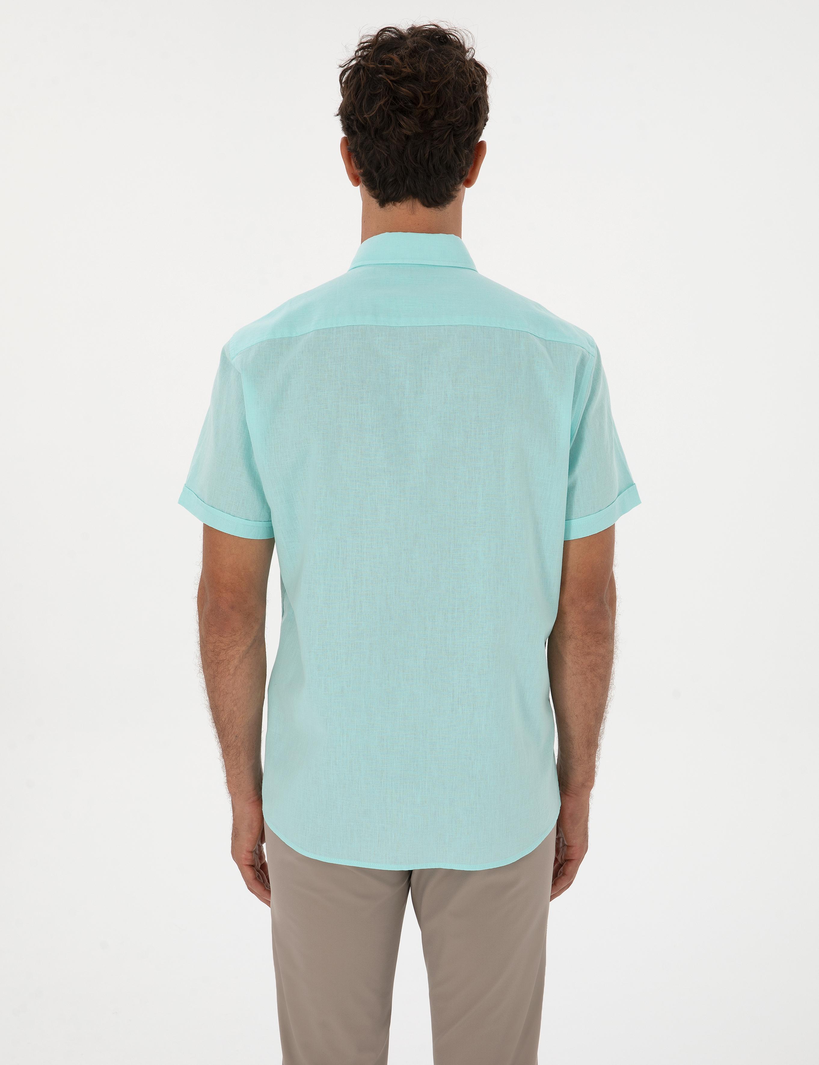 Su Yeşili Keten Karışımlı Regular Fit Kısa Kollu Gömlek