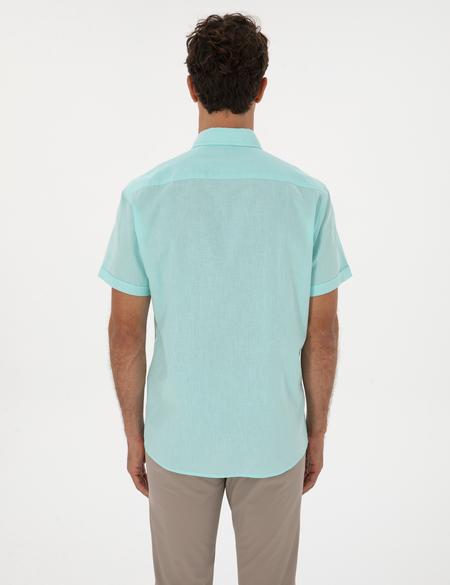 Su Yeşili Keten Karışımlı Regular Fit Kısa Kollu Gömlek - 50303418033