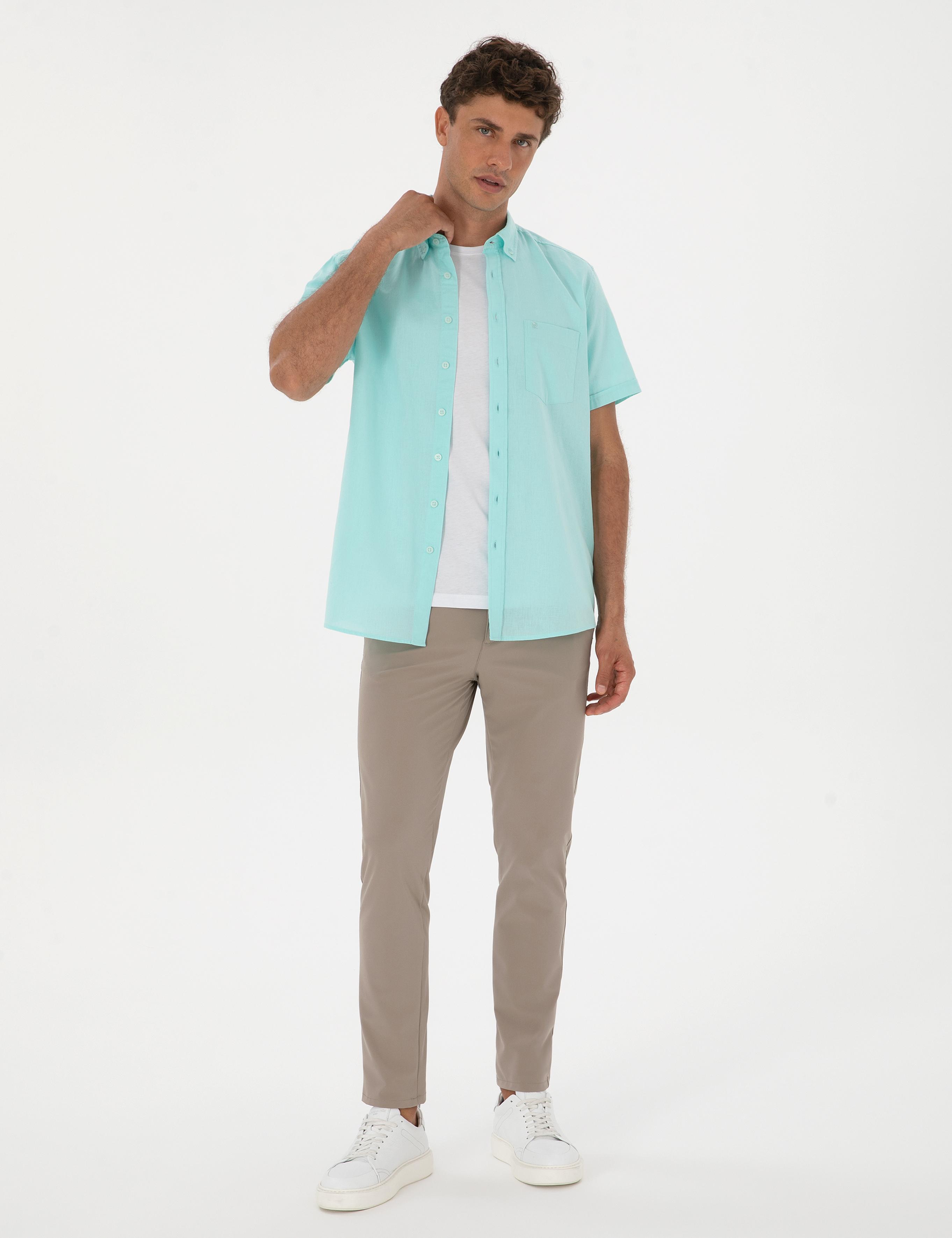 Su Yeşili Keten Karışımlı Regular Fit Kısa Kollu Gömlek
