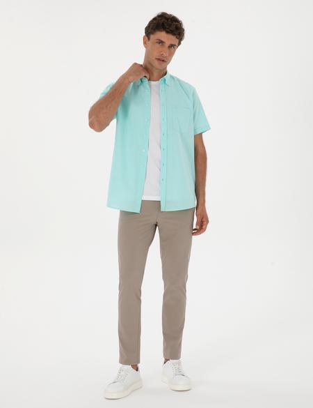 Su Yeşili Keten Karışımlı Regular Fit Kısa Kollu Gömlek - 50303418033