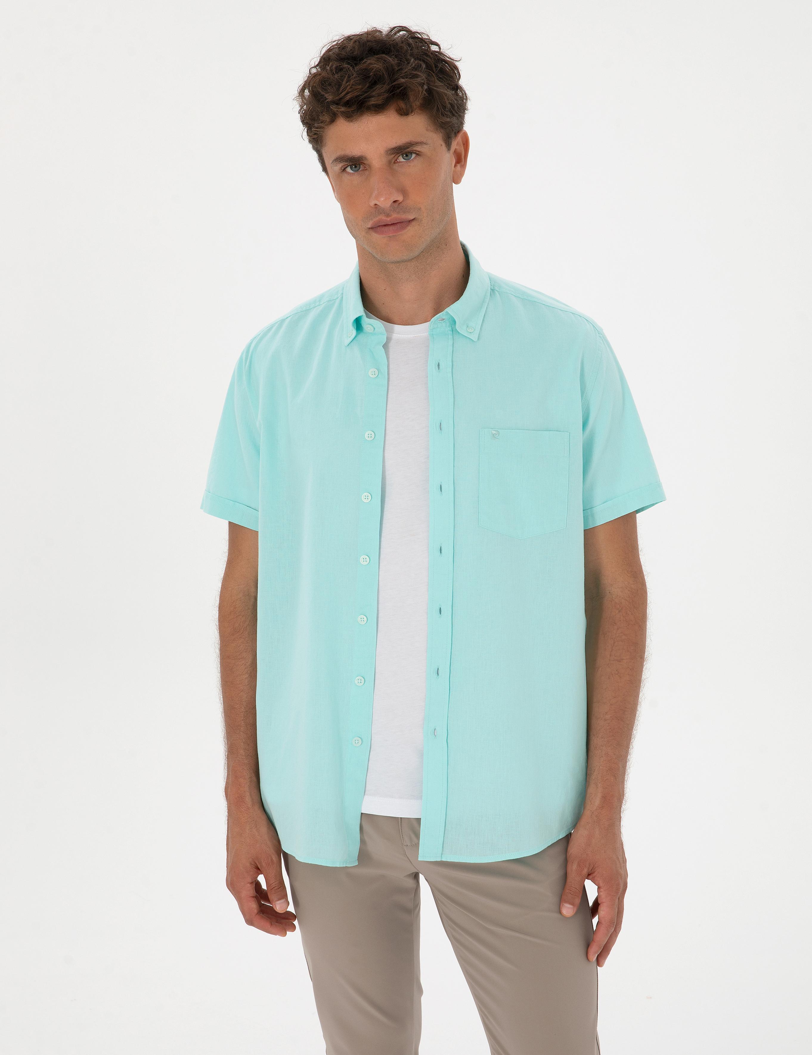 Su Yeşili Keten Karışımlı Regular Fit Kısa Kollu Gömlek
