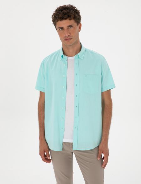 Su Yeşili Keten Karışımlı Regular Fit Kısa Kollu Gömlek - 50303418033