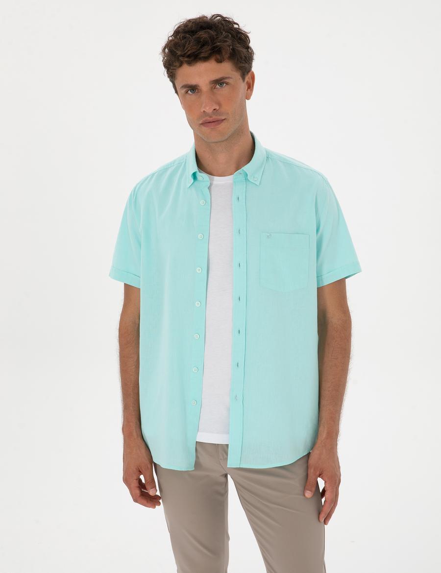 Su Yeşili Keten Karışımlı Regular Fit Kısa Kollu Gömlek
