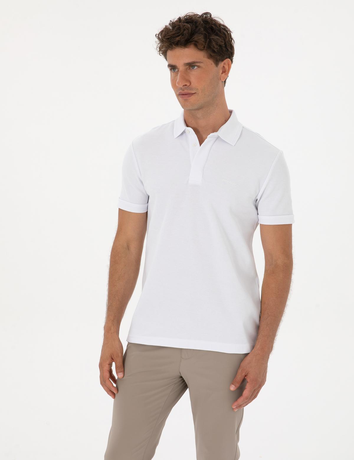 Beyaz Slim Fit %100 Pamuk Kıvrılmaz Amerikan Pike Polo Yaka Basic Tişört - 50306154007