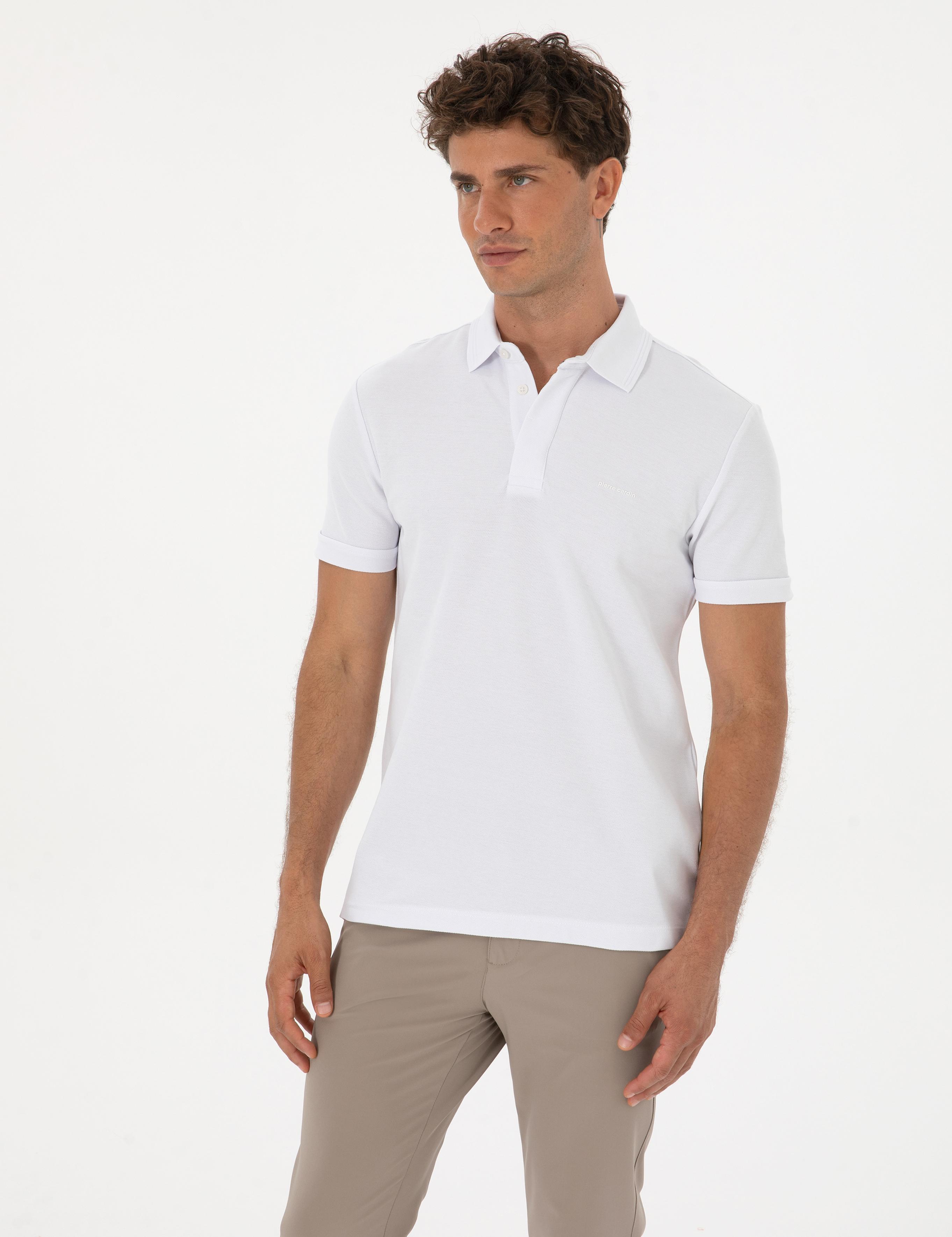 Beyaz Slim Fit %100 Pamuk Kıvrılmaz Amerikan Pike Polo Yaka Basic Tişört