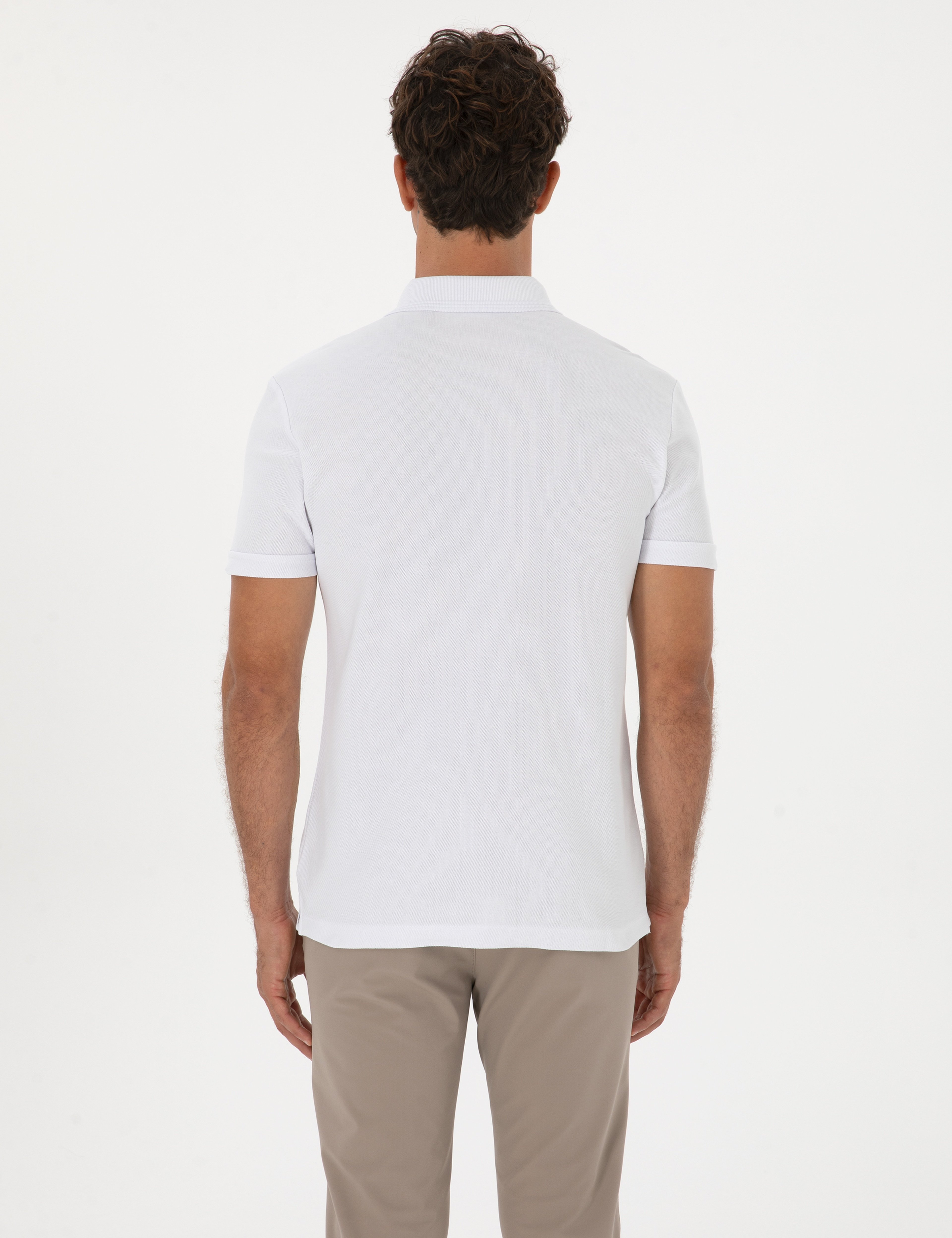 Beyaz Slim Fit %100 Pamuk Kıvrılmaz Amerikan Pike Polo Yaka Basic Tişört