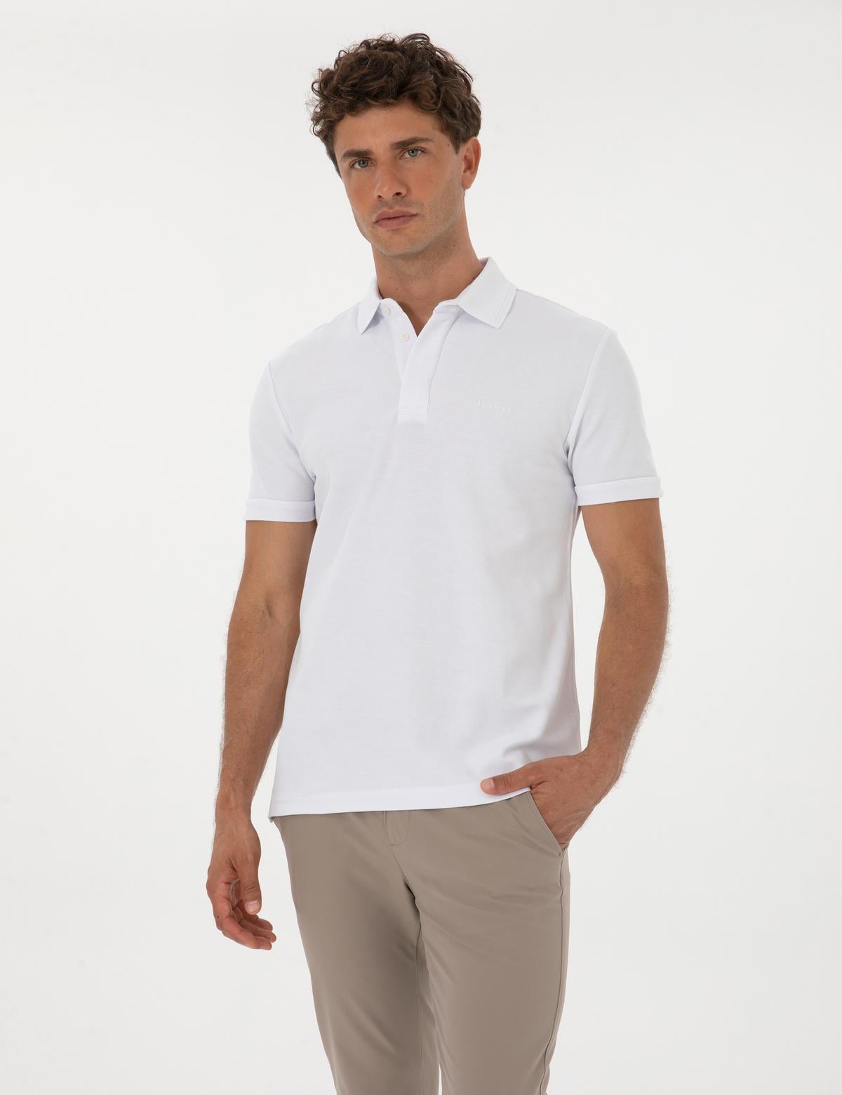 Beyaz Slim Fit %100 Pamuk Kıvrılmaz Amerikan Pike Polo Yaka Basic Tişört