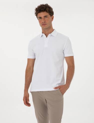 Beyaz Slim Fit %100 Pamuk Kıvrılmaz Amerikan Pike Polo Yaka Basic Tişört
