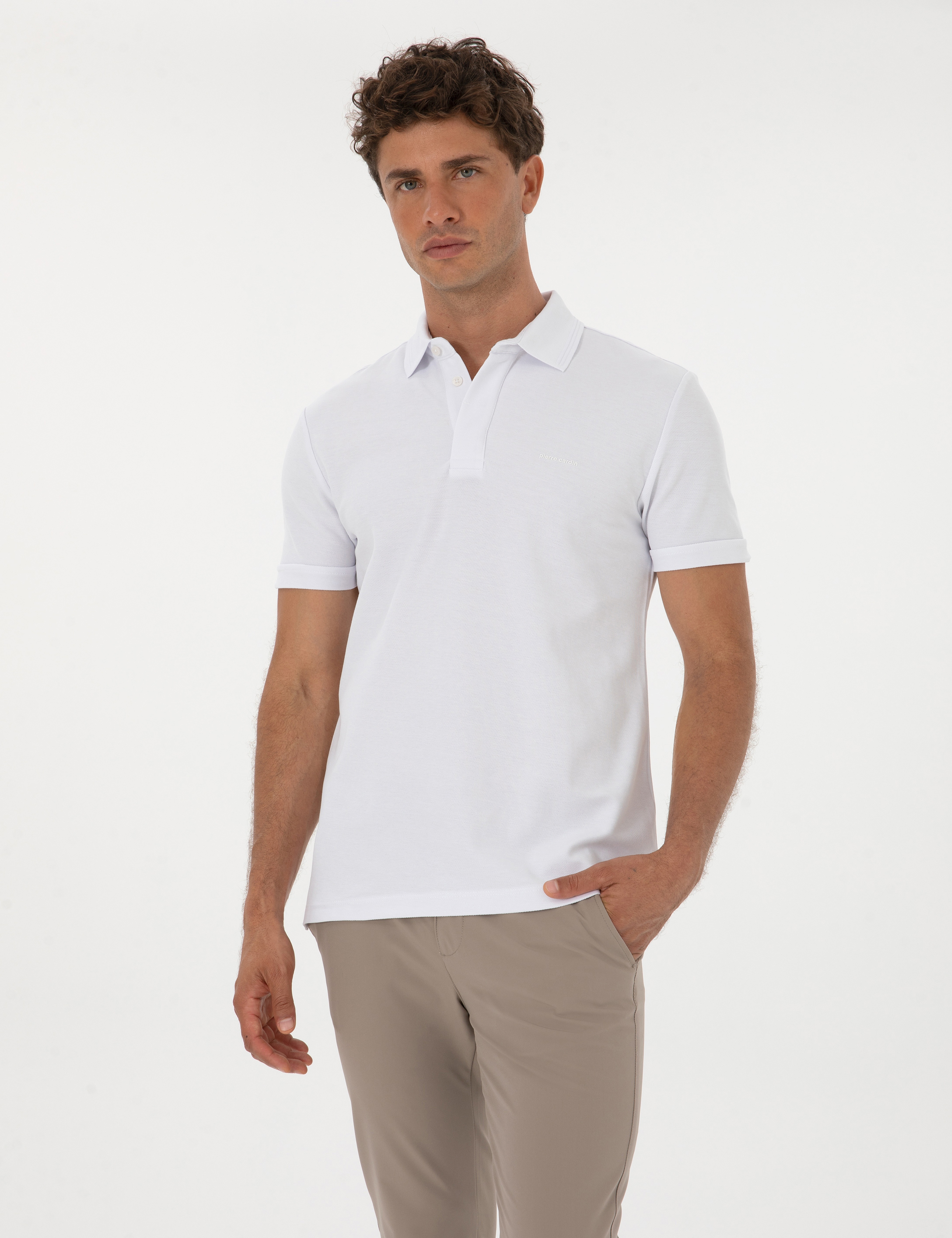 Beyaz Slim Fit %100 Pamuk Kıvrılmaz Amerikan Pike Polo Yaka Basic Tişört - Image 1