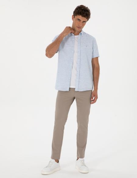 Açık Mavi Keten Karışımlı Regular Fit Kısa Kollu Gömlek - 50307067002