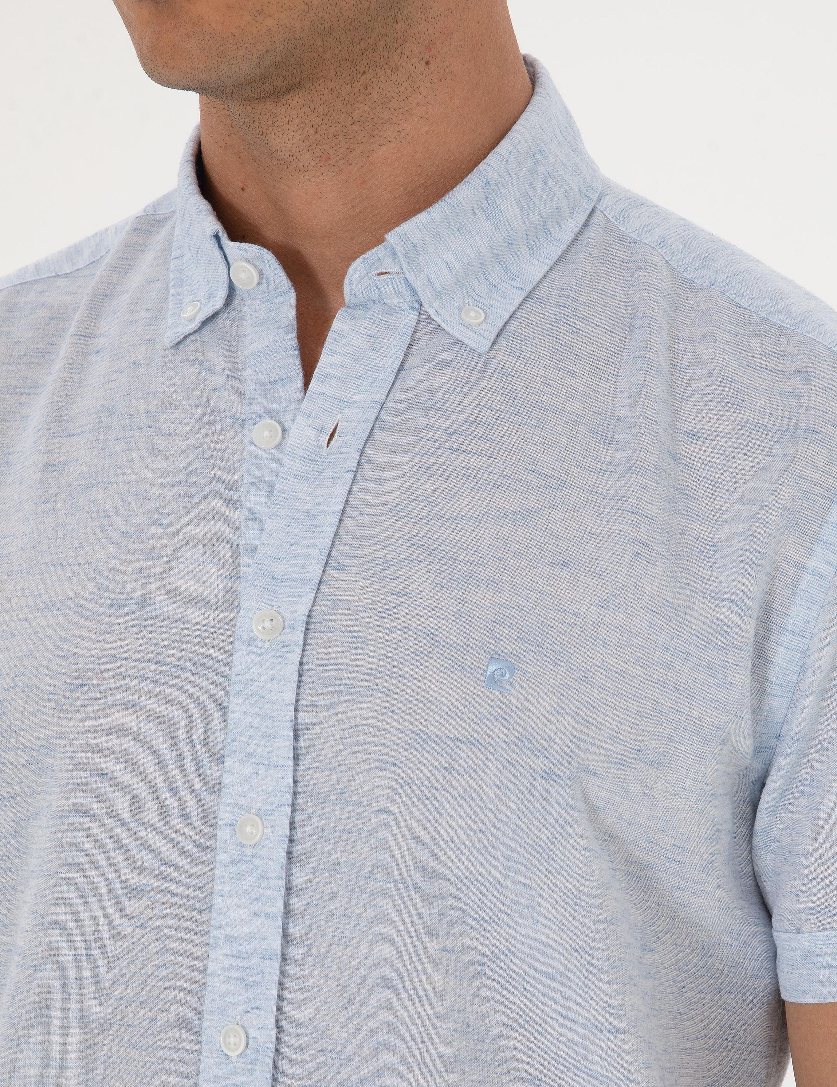 Açık Mavi Keten Karışımlı Regular Fit Kısa Kollu Gömlek