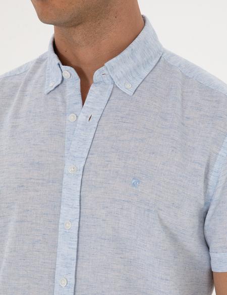 Açık Mavi Keten Karışımlı Regular Fit Kısa Kollu Gömlek - 50307067002