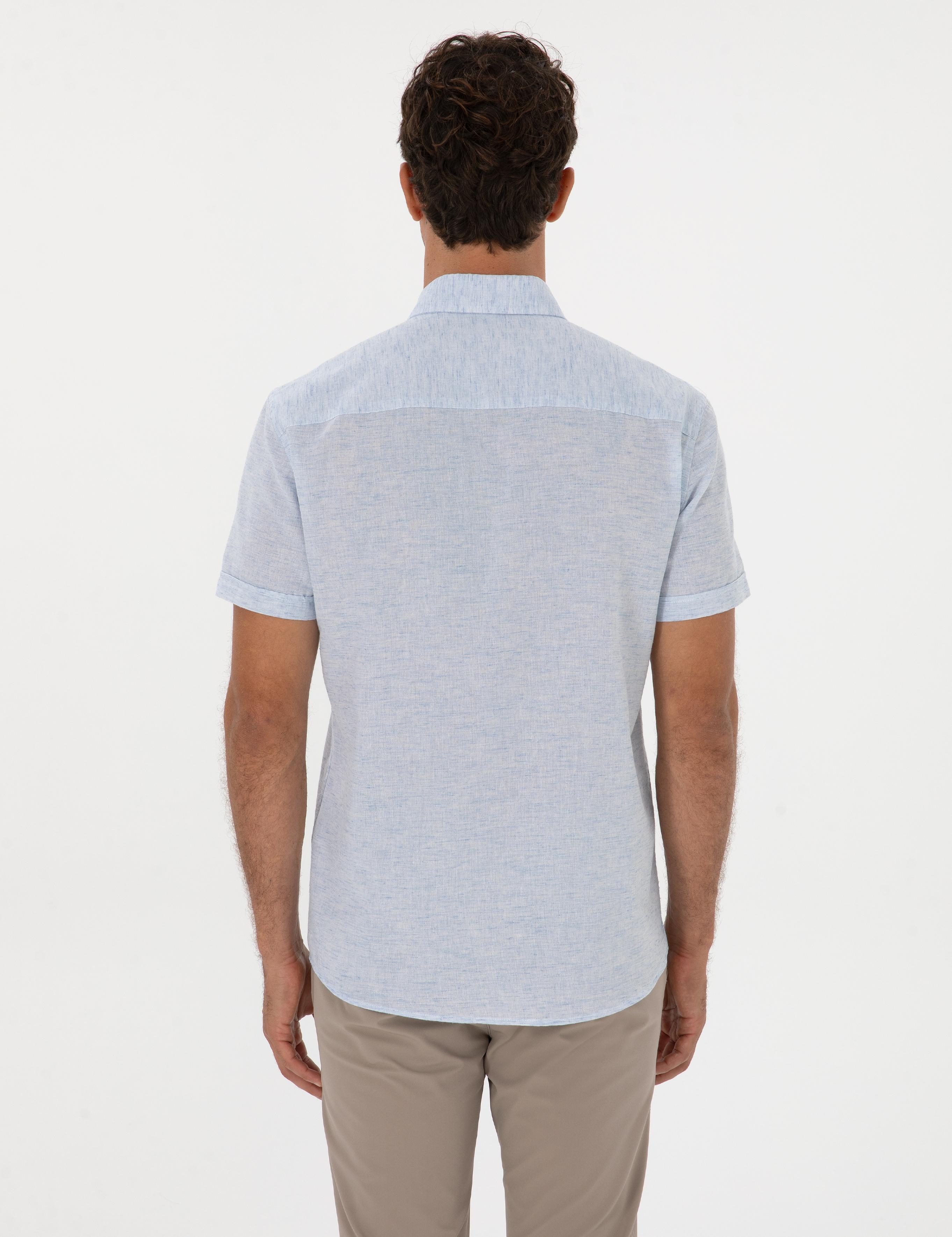 Açık Mavi Keten Karışımlı Regular Fit Kısa Kollu Gömlek