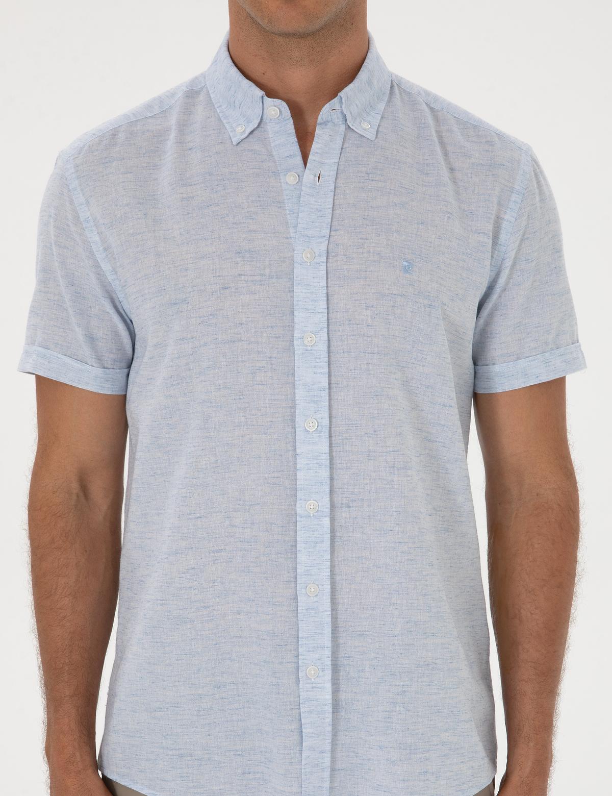 Açık Mavi Keten Karışımlı Regular Fit Kısa Kollu Gömlek - 50307067002