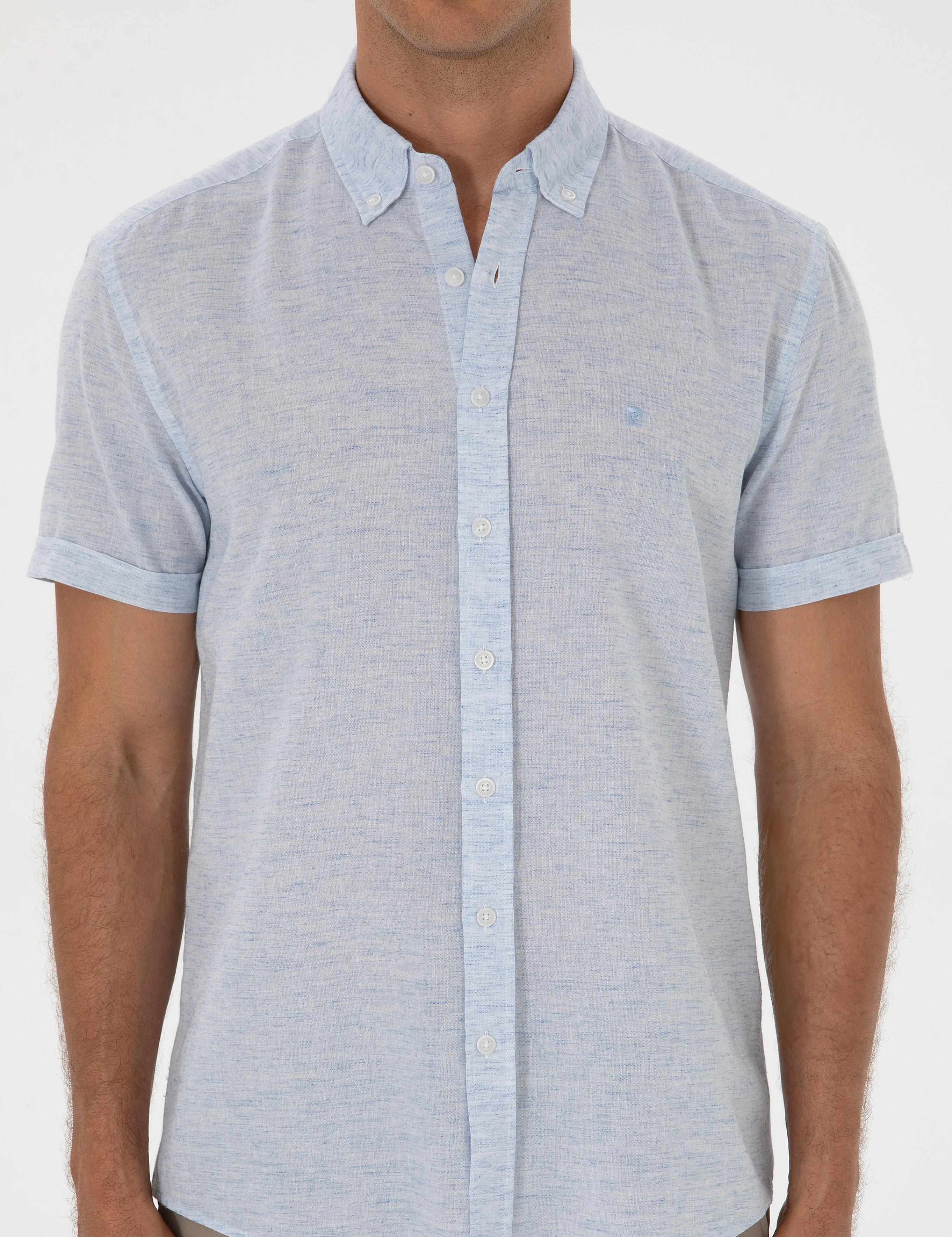 Açık Mavi Keten Karışımlı Regular Fit Kısa Kollu Gömlek